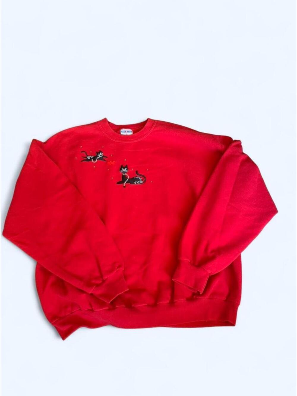 Red cat sweatshirt with rhinestones and applique